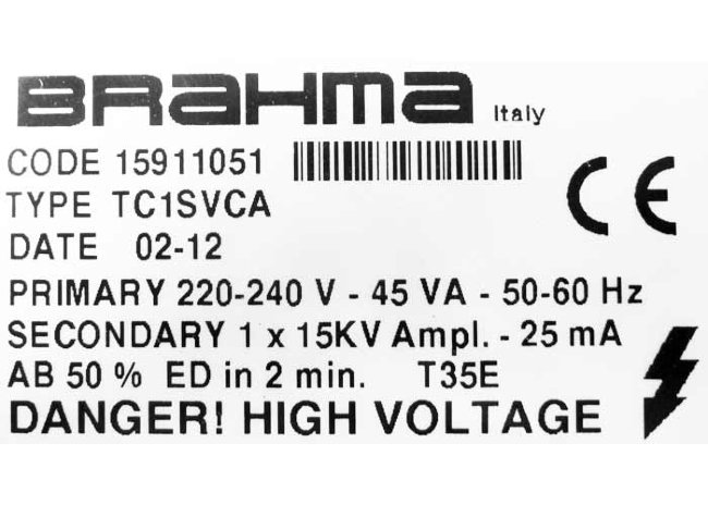 Трансф. поджига газ BRAHMA TC1SVCA 15911051 Prim. 220В/45ВA/50Гц, Sec. 1x15кВ/25мА (заменен на 00050 арт. 5020009 (3-19-1010X) в Санкт-Петербурге