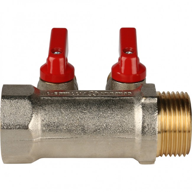 Коллектор с шаровыми кранами STOUT 1", 2 отвода 1/2" (красные ручки) (SMB 6200 011202) в Санкт-Петербурге