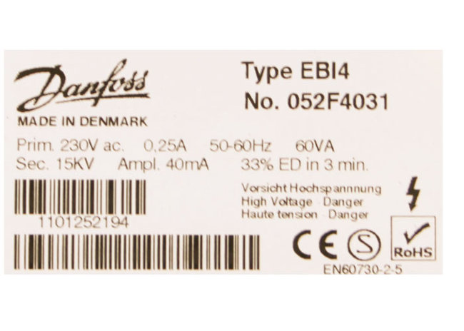Трансф. поджига DANFOSS EBI4 052F4031 Prim. 230В/0.25A/50Гц, Sec. 15кВ/40мА (WSO 4-12) арт. 5020057 (3-18-0600) в Санкт-Петербурге Трансф. поджига DANFOSS EBI4 052F4031 Prim. 230В/0.25A/50Гц, Sec. 15кВ/40мА (WSO 4-12) арт. 5020057 (3-18-0600) в Санкт-Петербурге