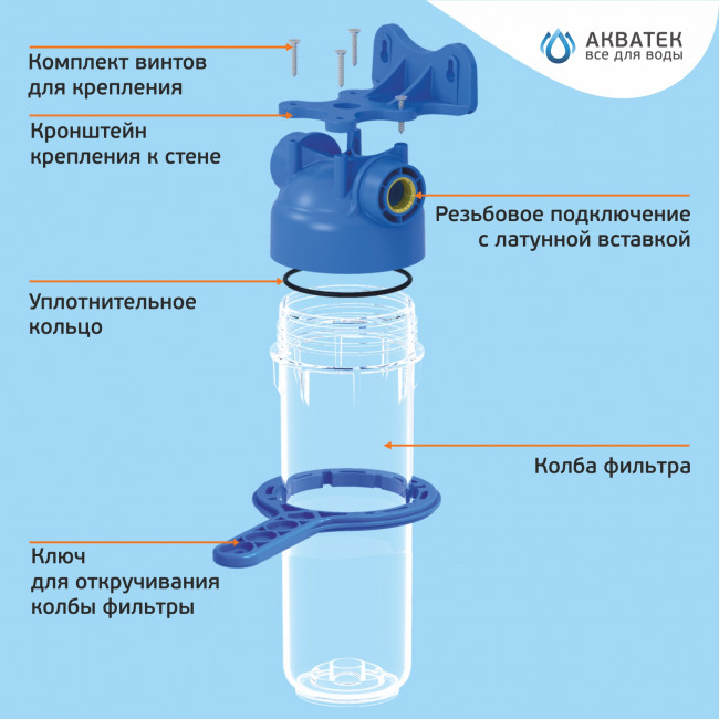 Фильтр магистральный для холодной воды, без картриджа (прозрачный корпус ПЭТ 10") Акватек Фильтр магистральный для холодной воды, без картриджа (прозрачный корпус ПЭТ 10") Акватек